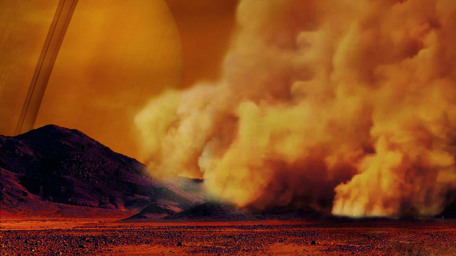 An artist’s rendition of Titan’s dust storm.