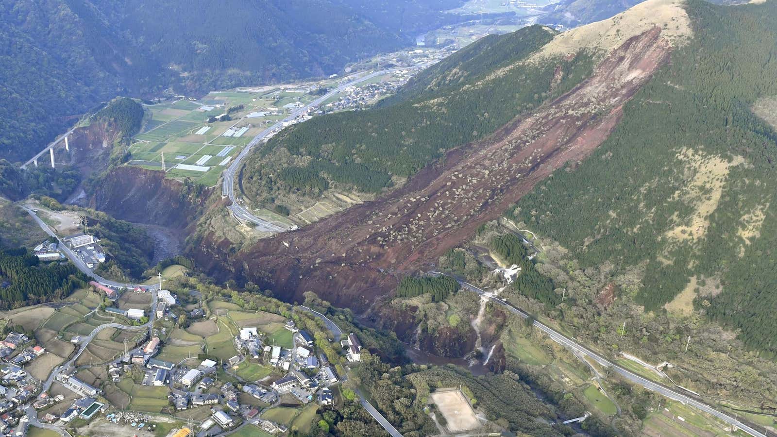 An earthquake-caused landslide in the town of Minamiaso, in the Kumamoto prefecture of southern Japan.