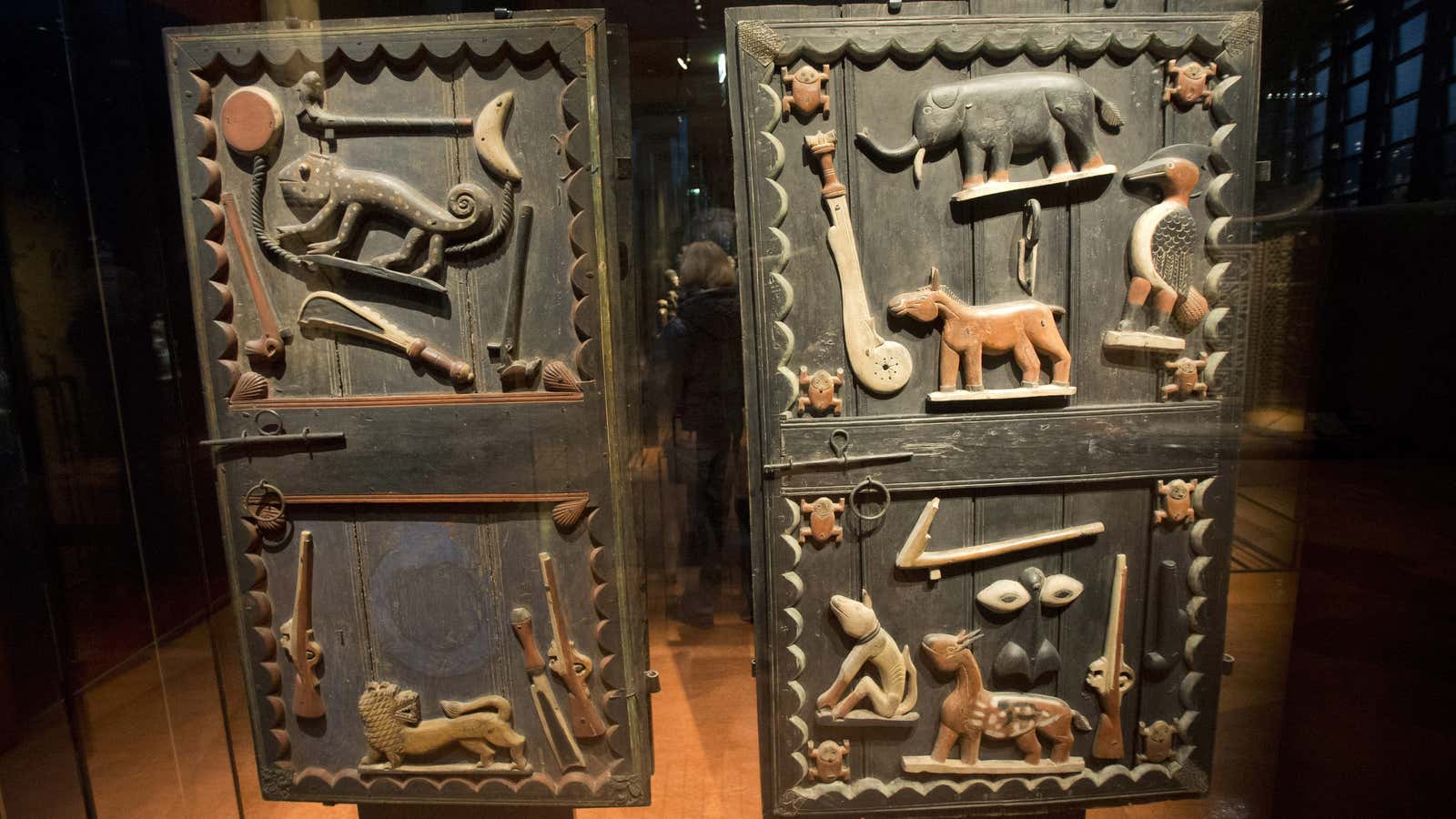A wooden door from the king’s palace Gele of the Dahomey kingdom, dated 19th century, displayed at Quai Branly museum in Paris, France.