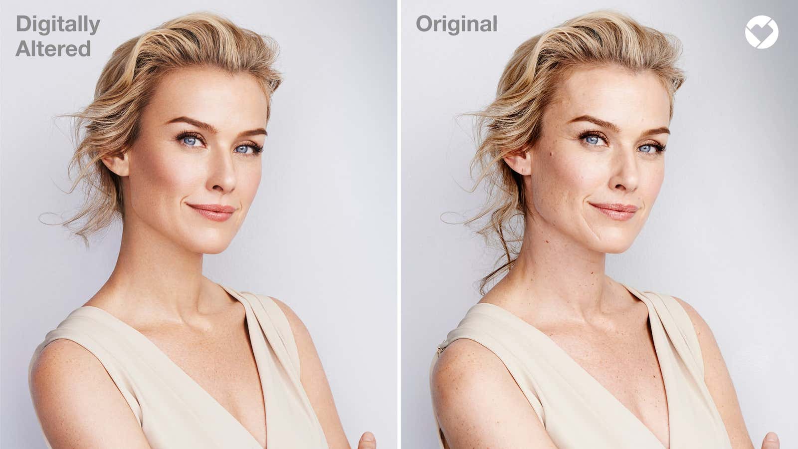 An example from a previous CVS campaign where the digitally altered photo was used, and the original image, now with the CVS Beauty Mark.