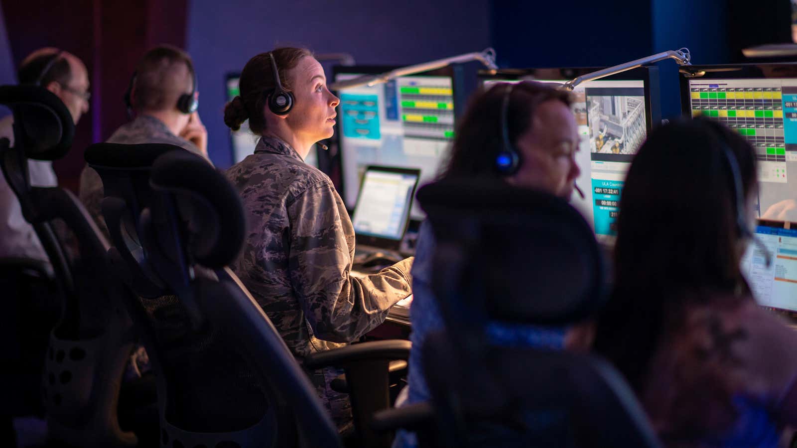 Air Force personnel at Cape Canaveral supervise the launch of a military satellite in 2019.
