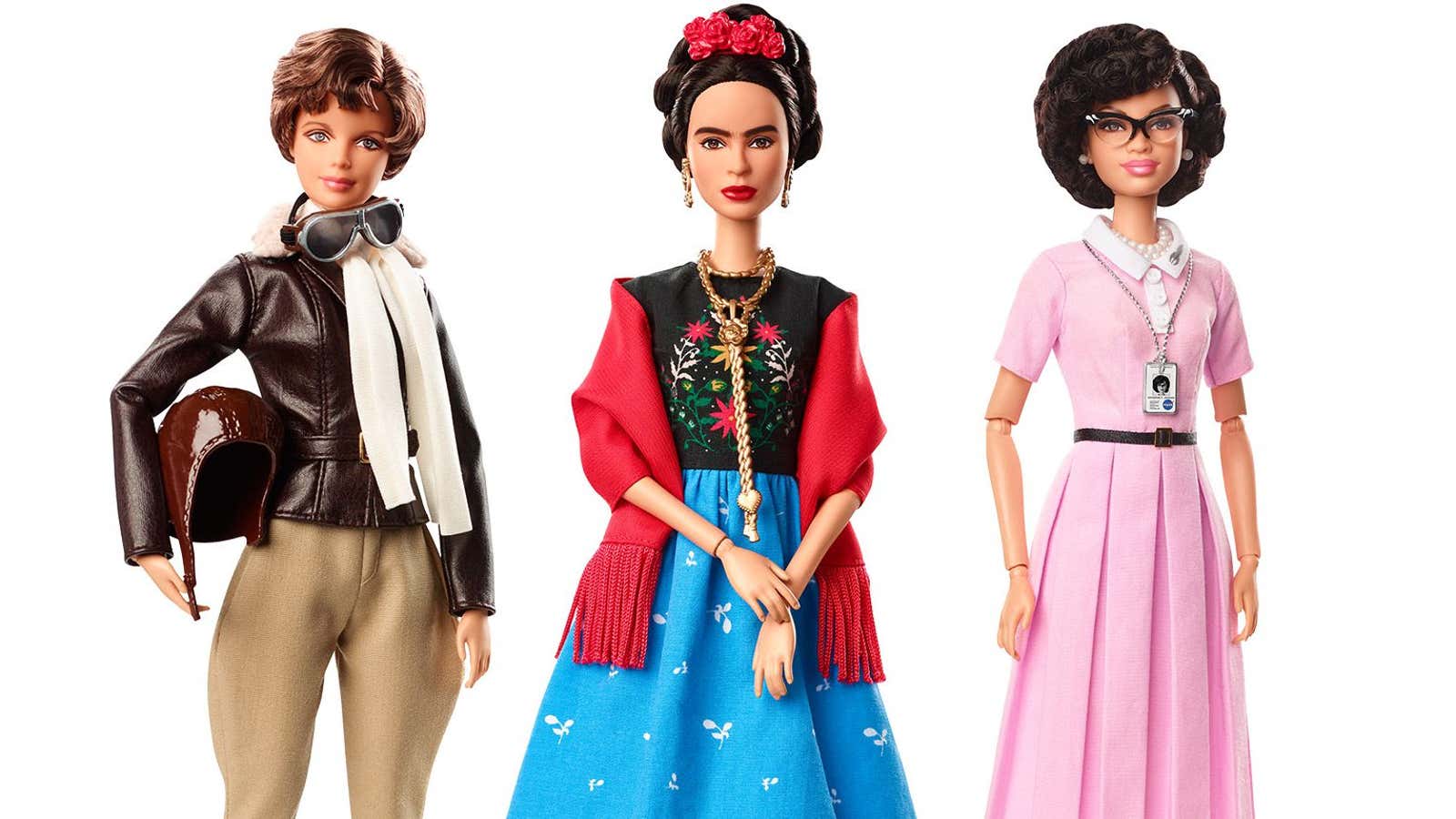 Amelia Earhart, Frida Kahlo, and Katherine Johnson as Barbie dolls.