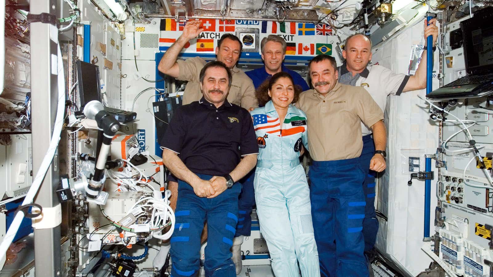 Space tourist Anousheh Ansari, center, onboard the International Space Station in 2006.