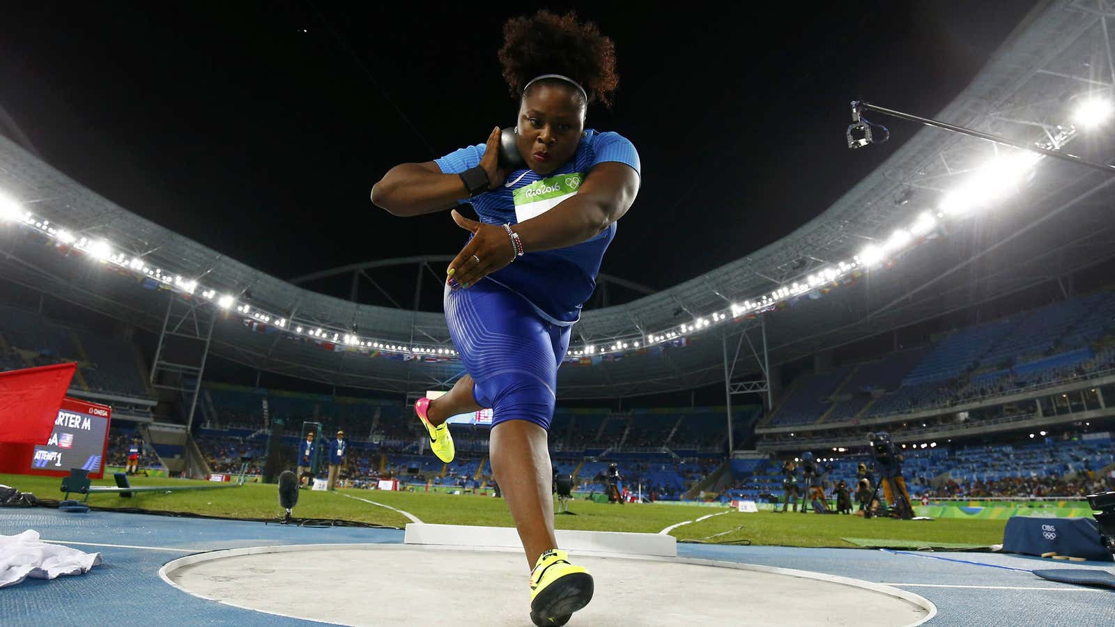 Michelle Carter just became the first American to win a gold medal in shot put.