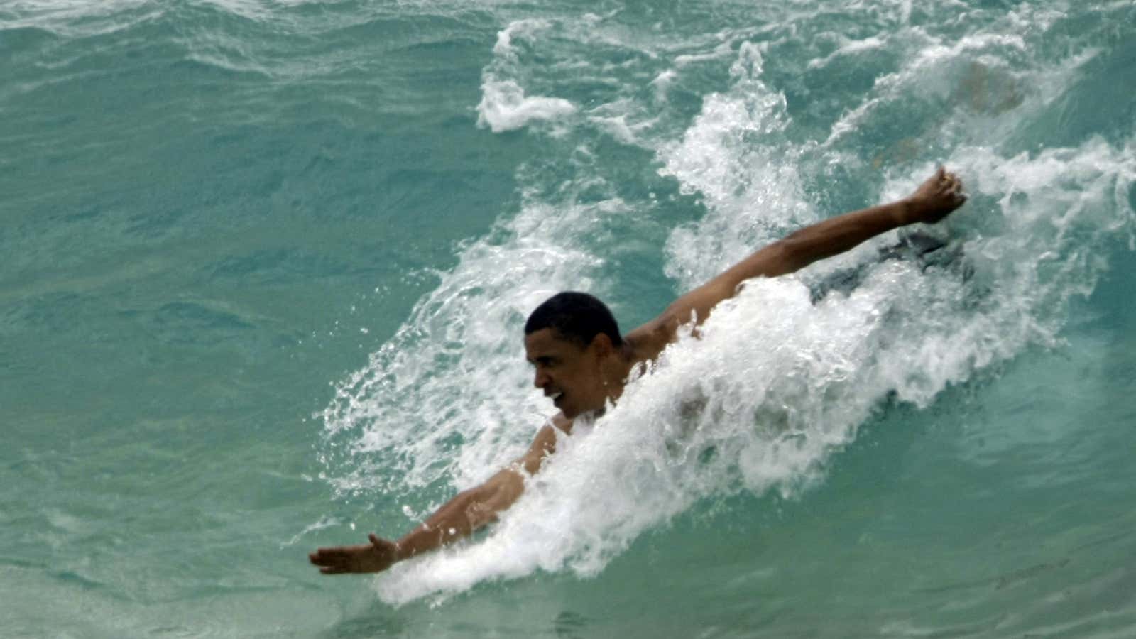 Rougher waters this time? President Obama bodysurfing during a previous vacation in Hawaii. He headed back there after Congress approved a fiscal cliff deal—but it’s hardly smooth waters for markets and the economy now.