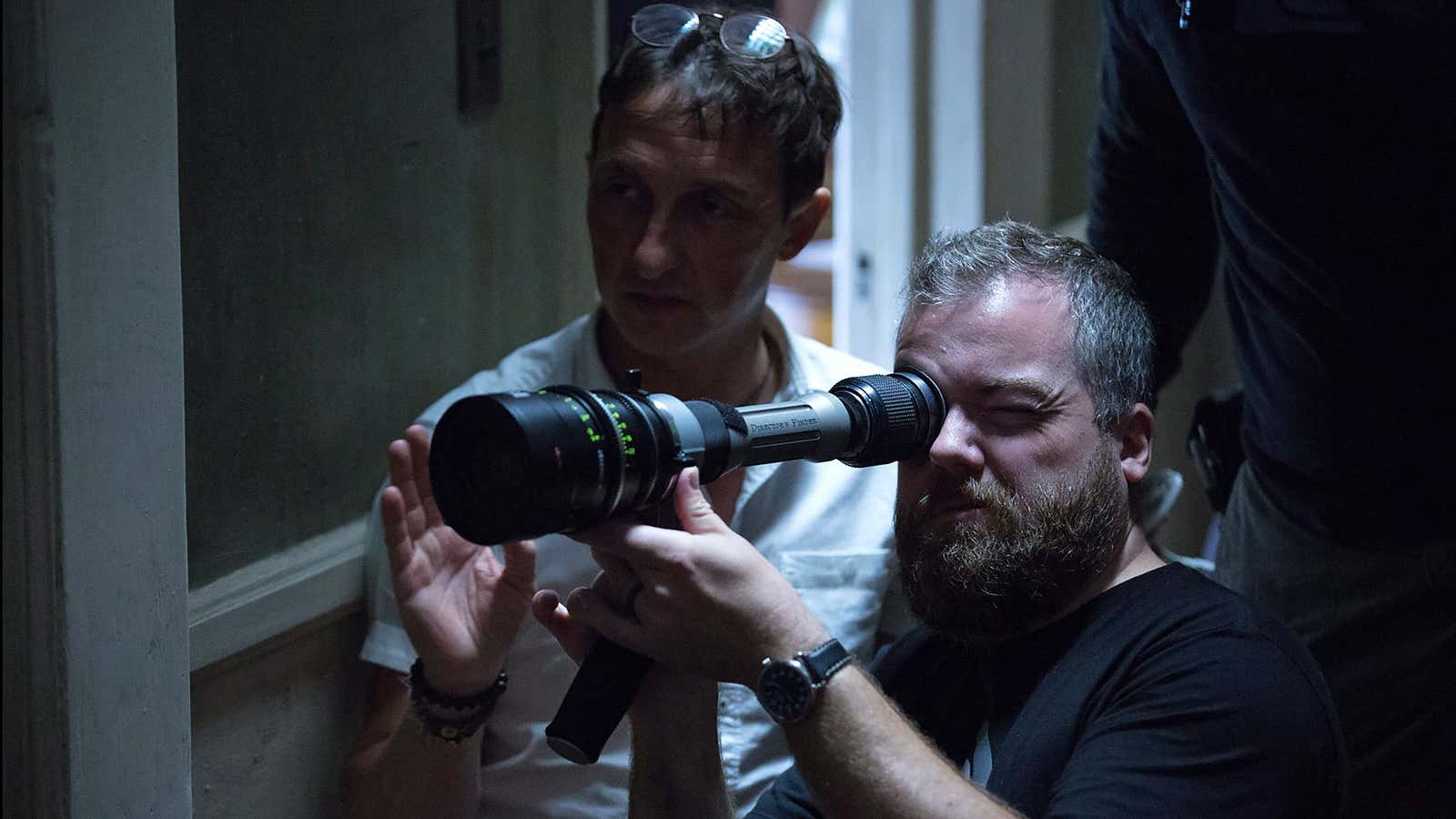 Annabelle: Creation behind the scenes photo with cinematographer Maxime Alexander and director David Sandberg.