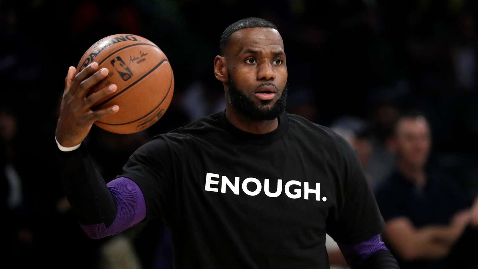 LeBron James wears a shirt to call for action on gun safety following a mass shooting in November 2018.