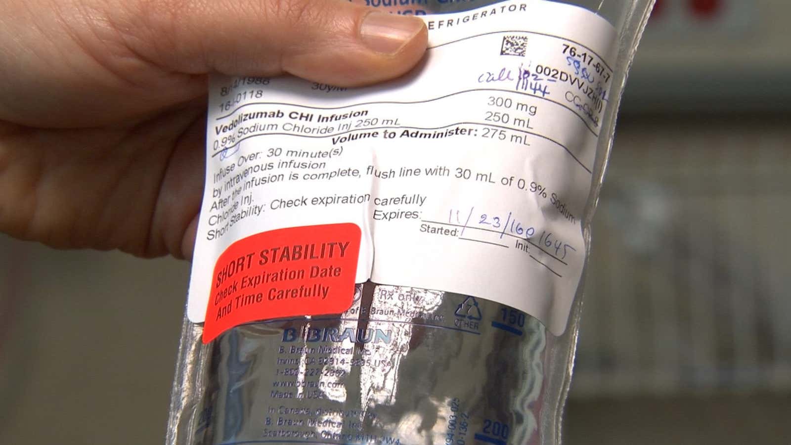 An IV bag of an HIV medication being tested at the  National Institutes of Health is pictured in Bethesda.