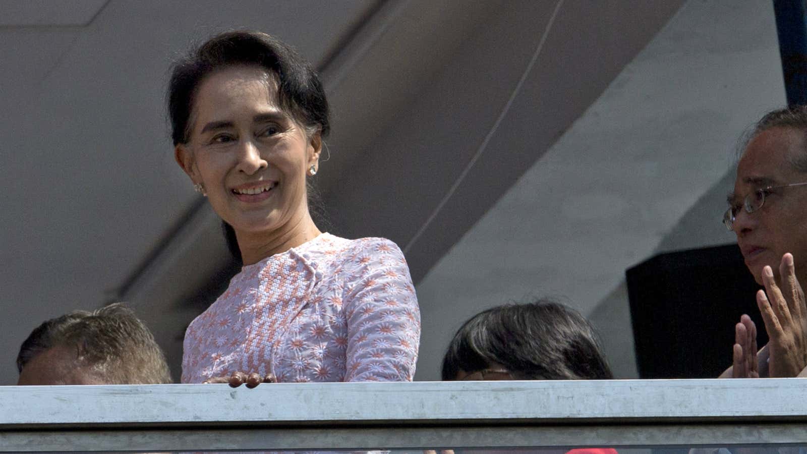 Aung San Suu Kyi speaks to a crowd after this week’s election.