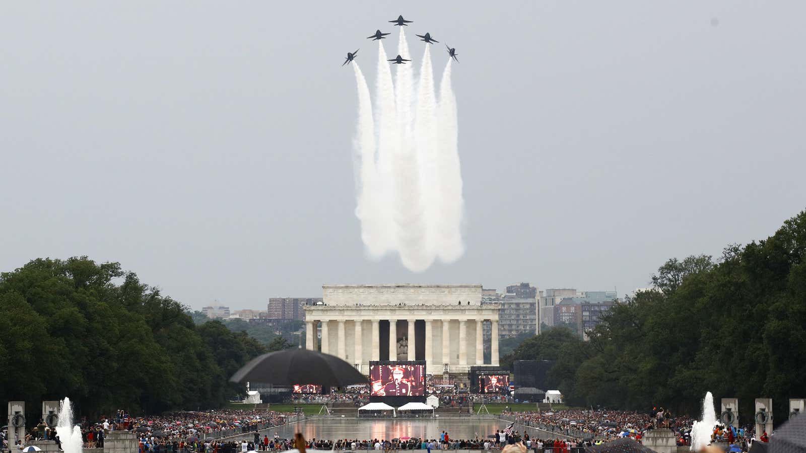 The U.S. Navy Blue Angels flight demonstration team performs a flyover above the Lincoln Memorial during Independence Day celebrations, Thursday, July 4, 2019, on the…