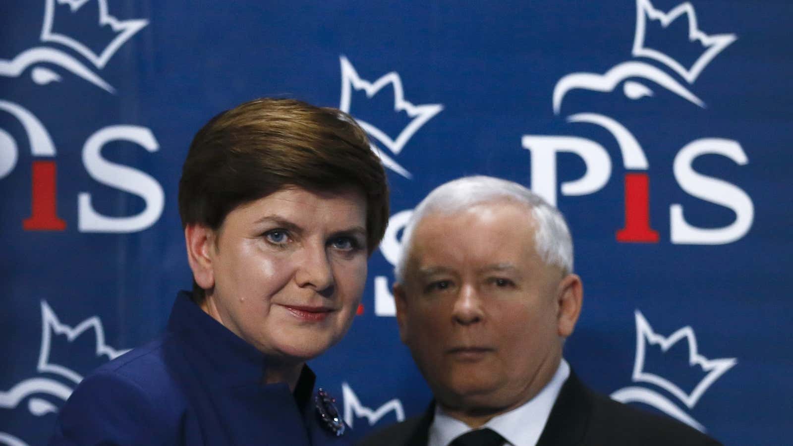 Beata Szydło, the new prime minister, and the éminence grise Jarosław Kaczyński.