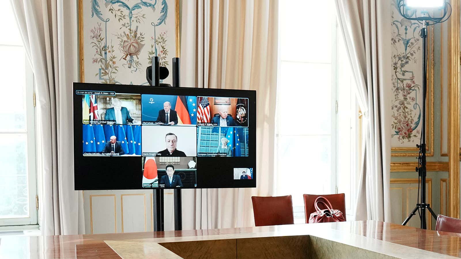 A general view of the video screen of G7 leaders during a video-conference on Ukraine at the Elysee Palace, in Paris, France, May 8, 2022. Thibault Camus/Pool via REUTERS