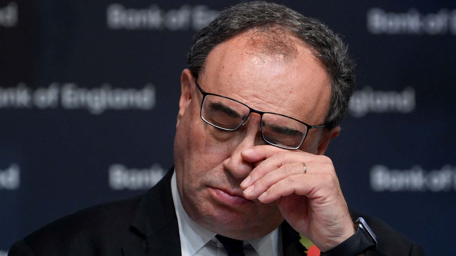 Governor of the Bank of England Andrew Bailey gestures as he addresses the media on the Monetary Policy Report at the Bank of England, in London, on November 3, 2022.