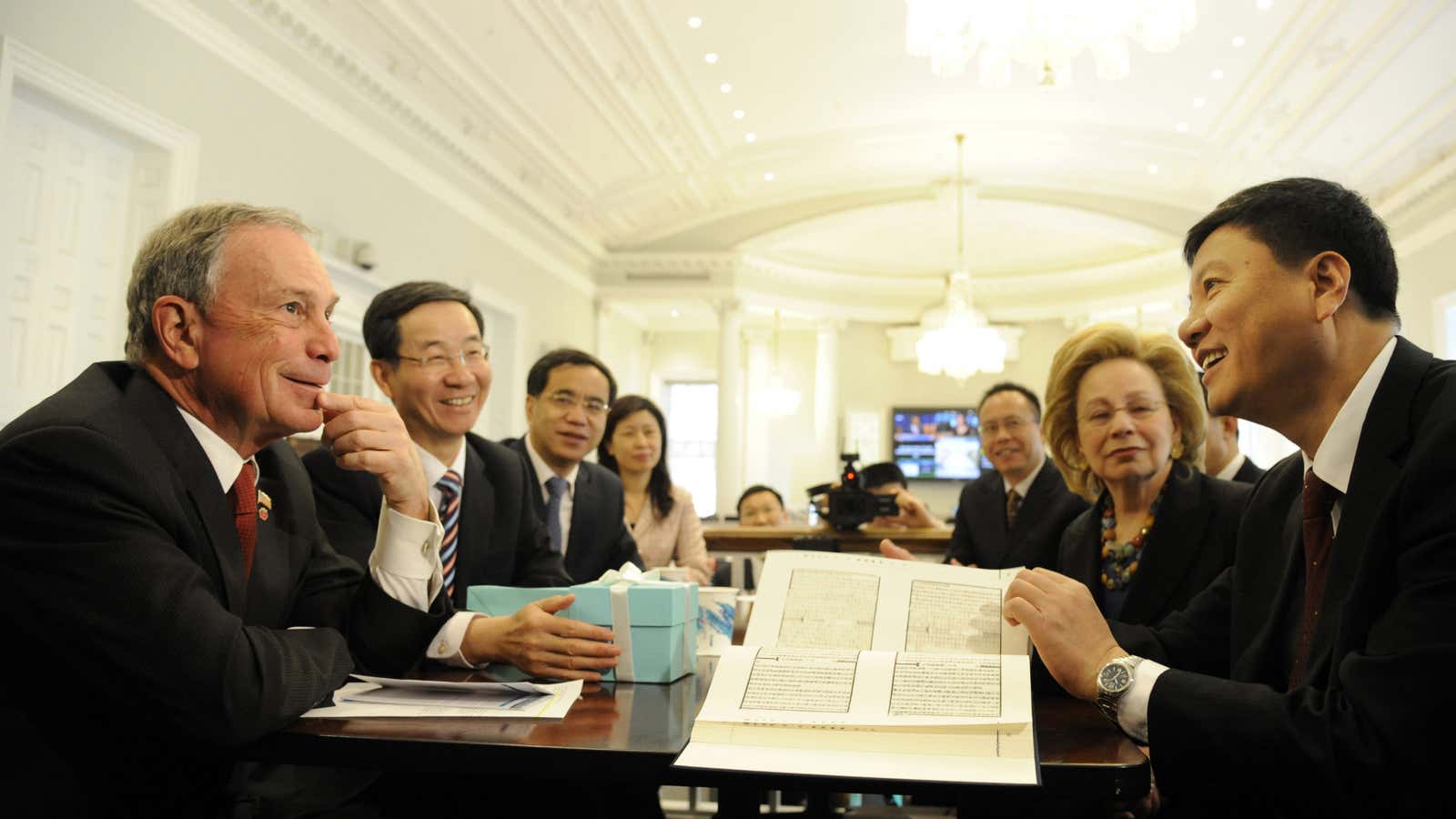 Michael Bloomberg, as New York City mayor, meets with Guangzhou mayor Chen Jianhua in April 2012.