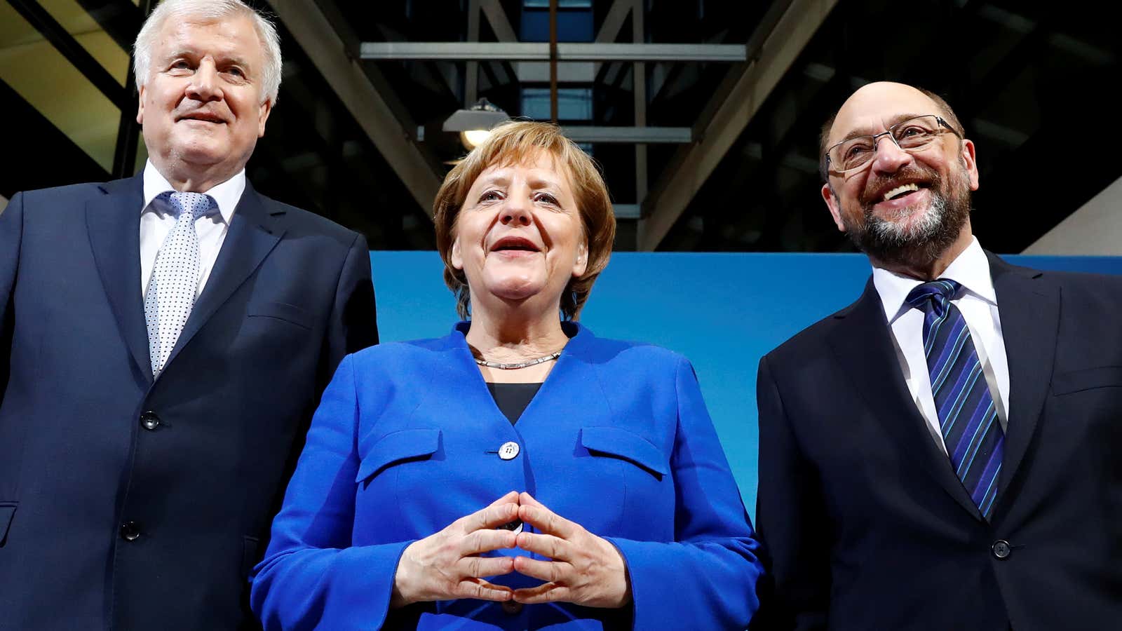 The big three: Angela Merkel, Horst Seehofer of sister CSU party, and  Social Democratic Party head Martin Schulz