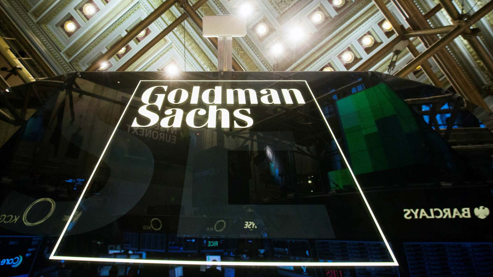 A Goldman Sachs sign is seen above the floor of the New York Stock Exchange shortly after the opening bell in the Manhattan borough of…