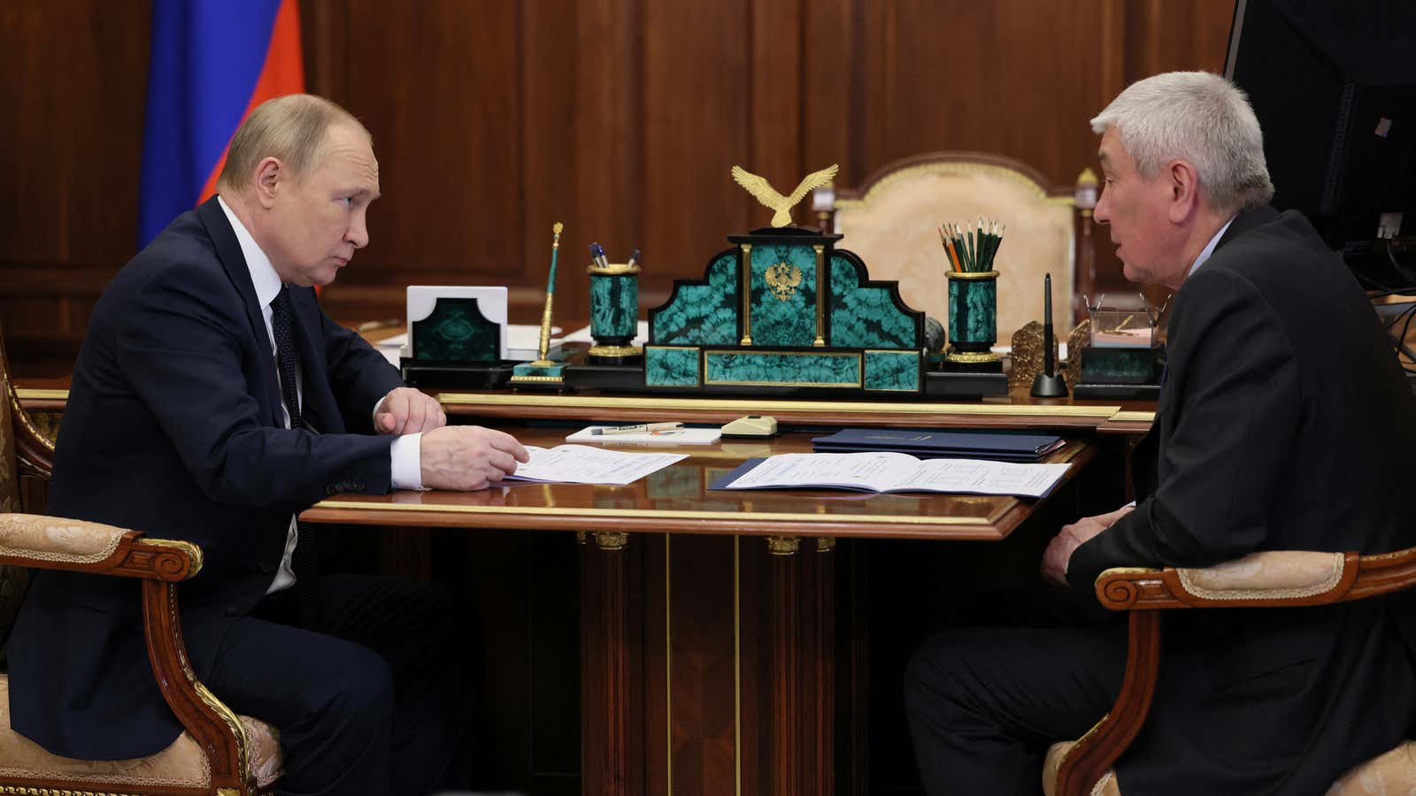 Russian President Vladimir Putin meets with head of Federal Financial Monitoring Service (Rosfinmonitoring) Yury Chikhanchin at the Kremlin.