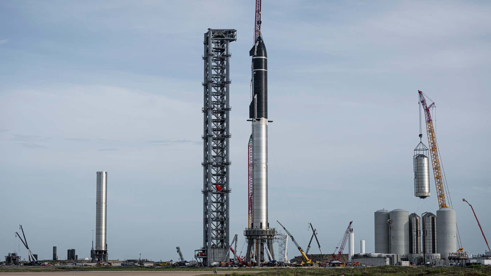 SpaceX’s Starship, which was chosen by NASA to deliver astronauts to the moon, on a launch pad in Texas.