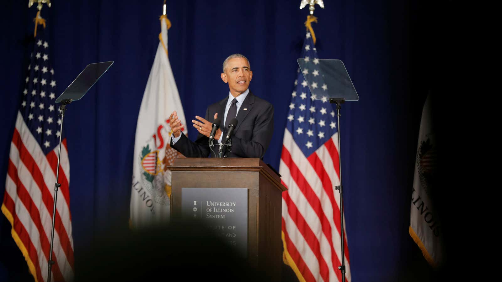 Former President Barack Obama speaks at the University of Illinois.