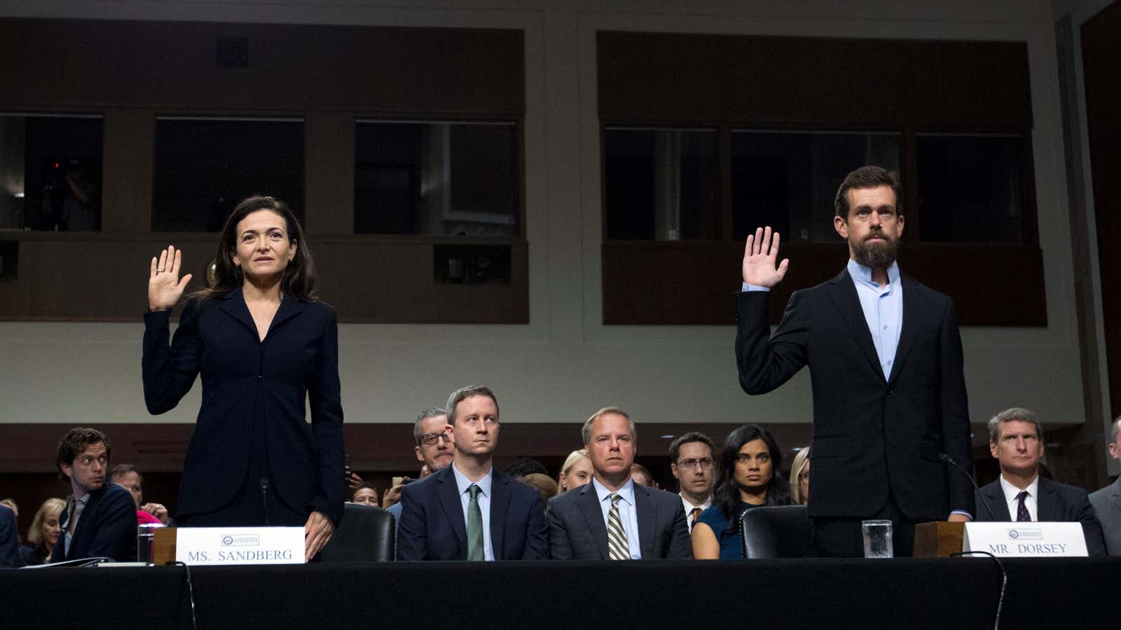 Twitter CEO Jack Dorsey and Facebook COO Sheryl Sandberg testify to Congress on foreign influence on their platforms.