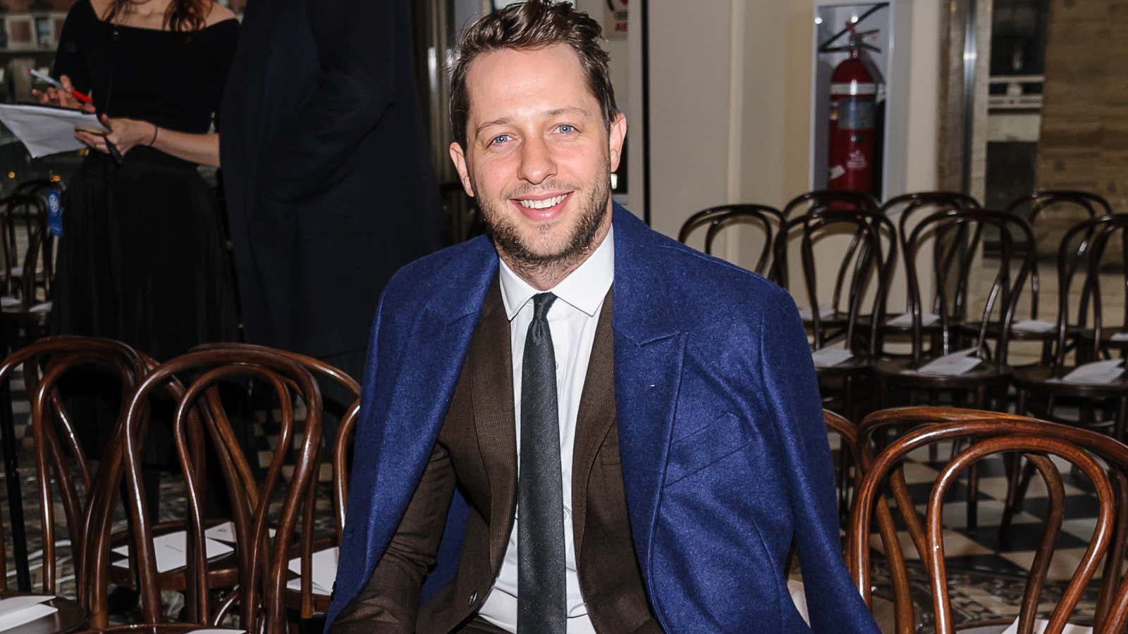 Derek Blasberg attends the Tory Burch fashion show in David Geffen Hall at New York Fashion Week Fall/Winter 2016 on Tuesday, Feb. 16, 2016, in New York. (Photo by Christopher Smith/Invision/AP)