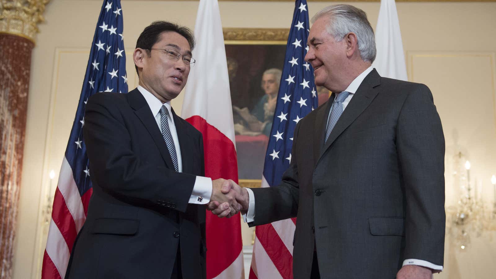 Tillerson with Japan’s foreign minister in Washington.