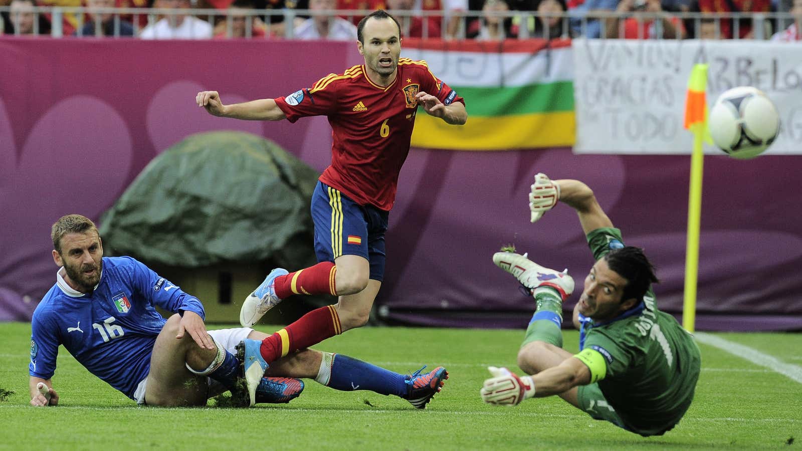 Mixed emotions: Spain’s Andres Iniesta fails to score during the Euro 2012 soccer championship Group C match between Spain and Italy. The Euro Cup 2020 will be held in 13 different cities.
