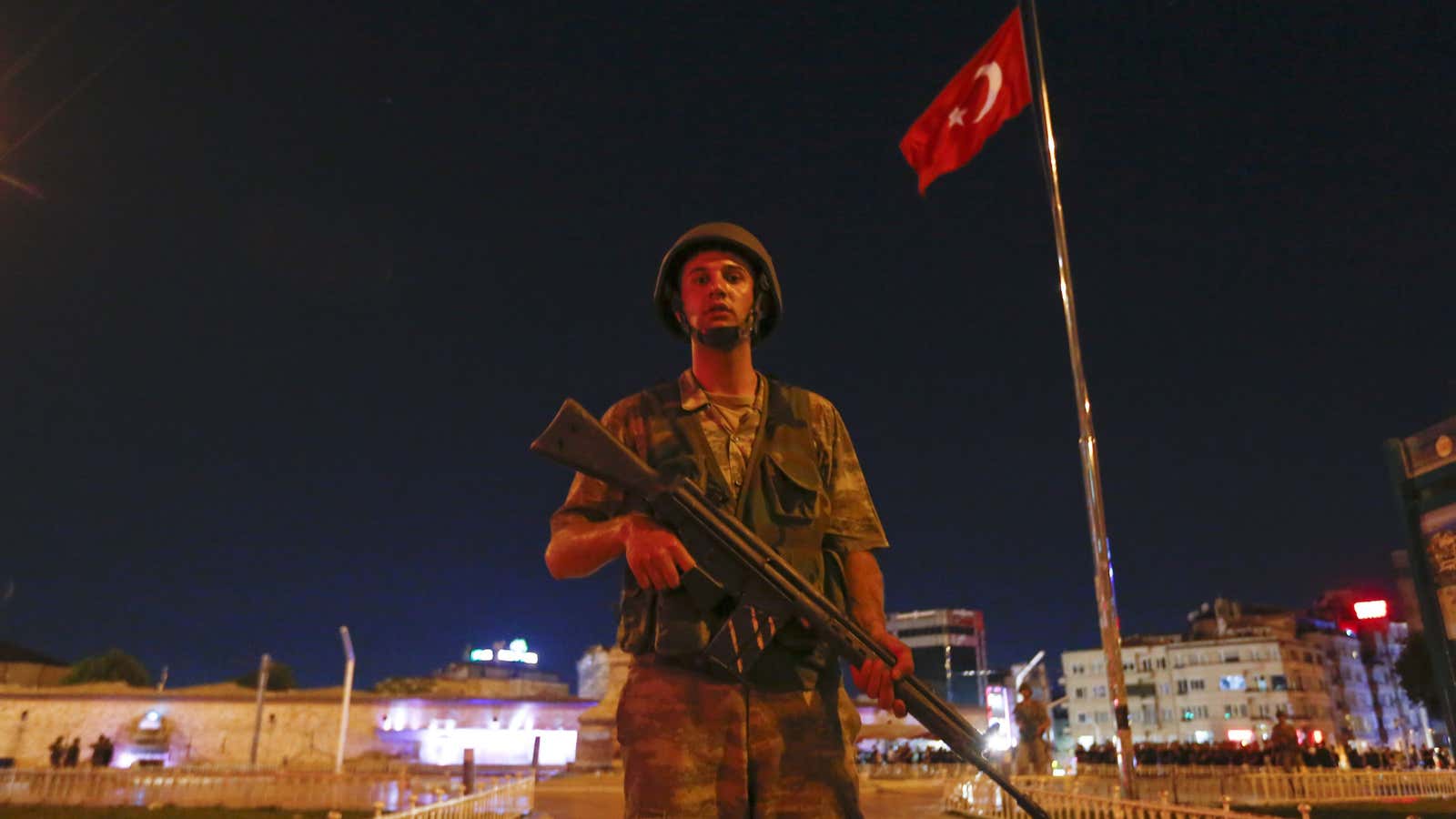 Turkish military stand guard in Istanbul’s Taksim Square on July 15, 2016.