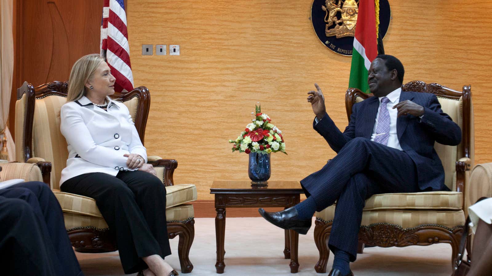 Former U.S. Secretary of State Hillary Rodham Clinton meets with the then Kenya’s Prime Minister, Raila Odinga in 2012.
