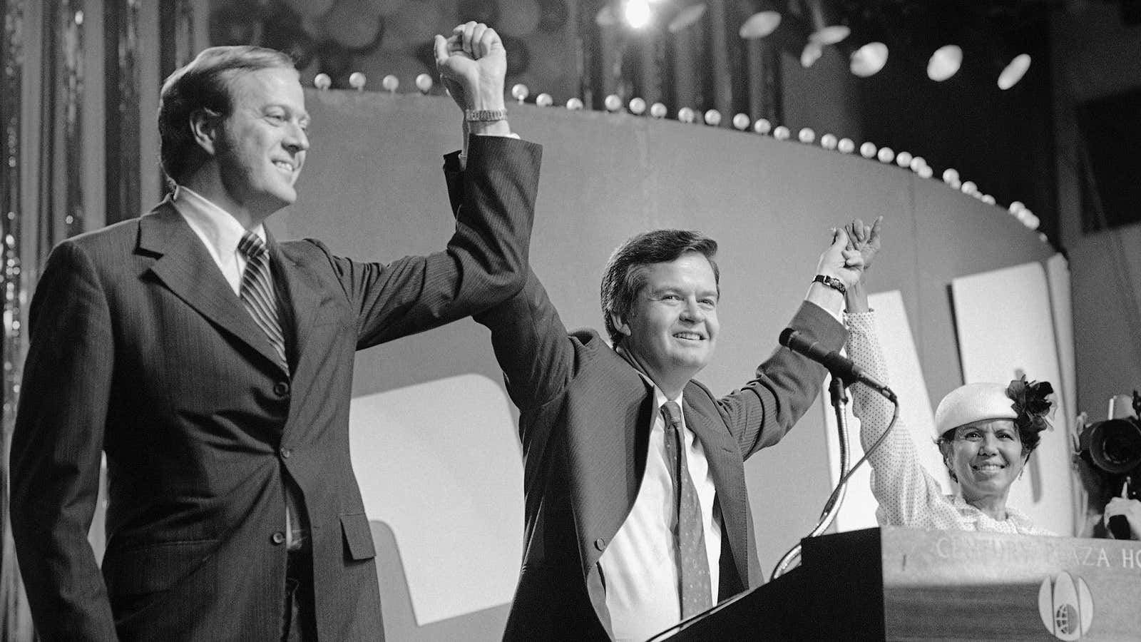 David Koch, left, running for vice president on the libertarian ticket in 1980.