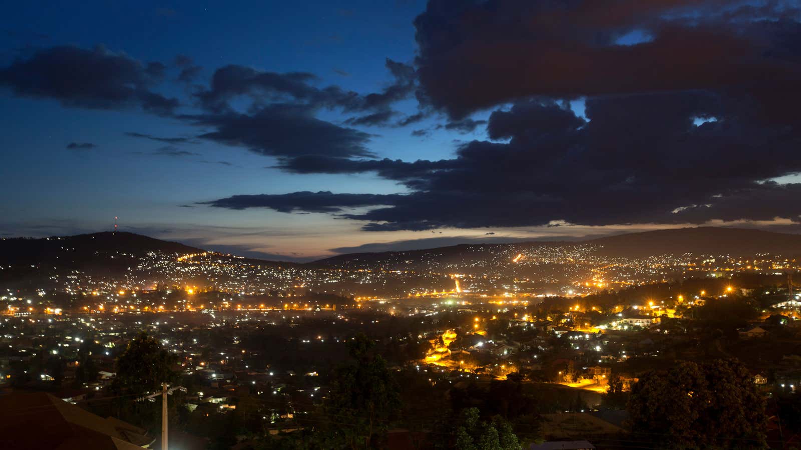 A view over the city at night in the capital Kigali, Rwanda