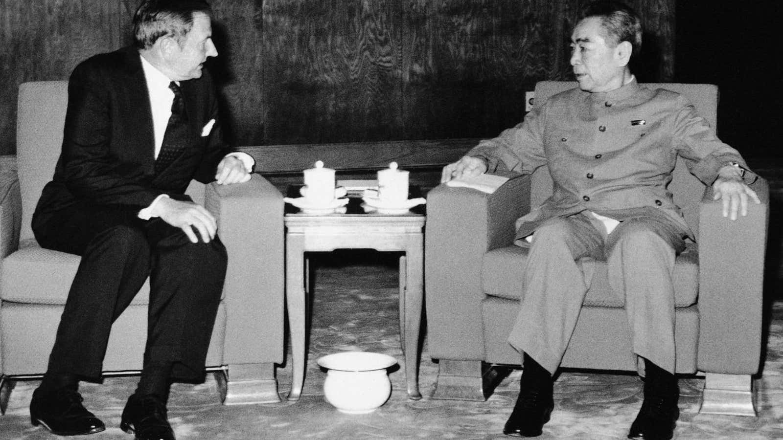 The statesman: Rockefeller with China’s Chou en-Lai, in 1973.