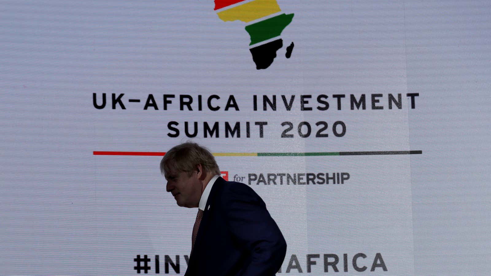 Hello and goodbye? Britain’s prime Minister Boris Johnson walks off stage at UK-Africa Investment Summit in London, Britain Jan. 20, 2020.