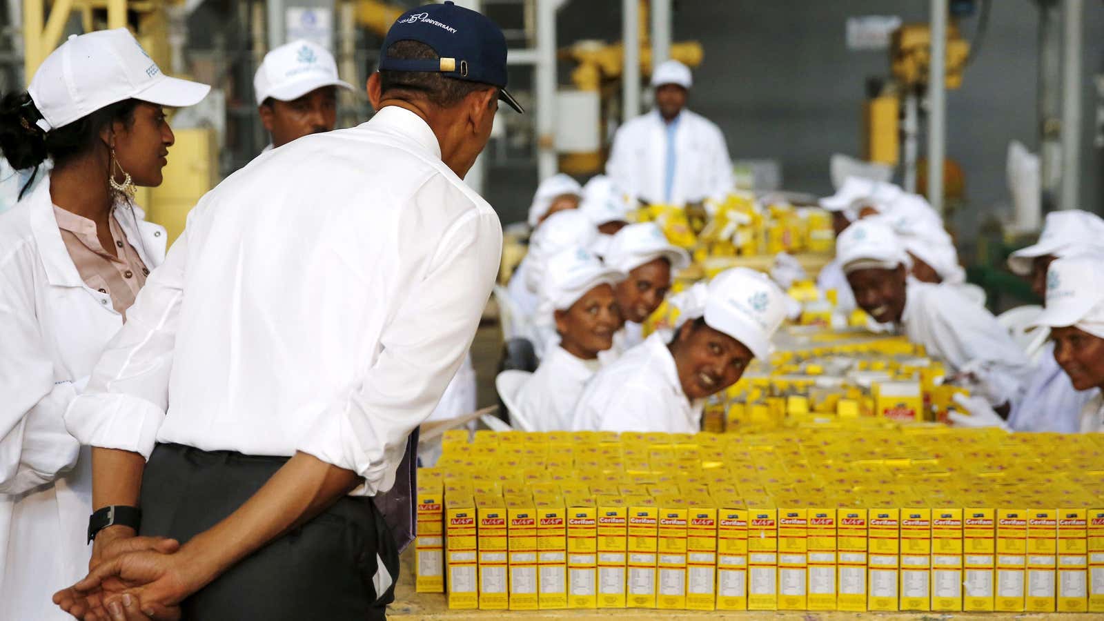 President Obama tours  a food factory in Addis Ababa, Ethiopia in 2015