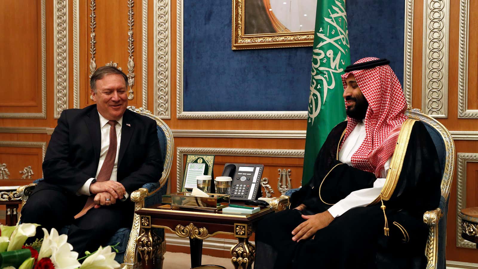 Pompeo and the Crown Prince in Riyadh on Oct. 16, 2018.