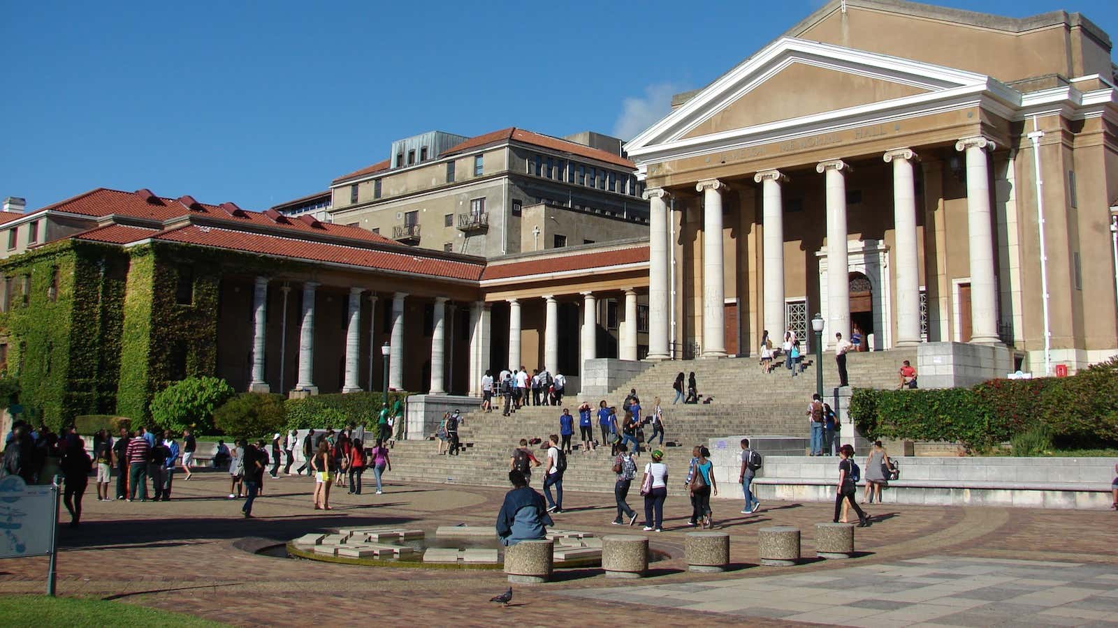 Students walk to class outside Jameson Hall at the University of Cape Town, South Africa.