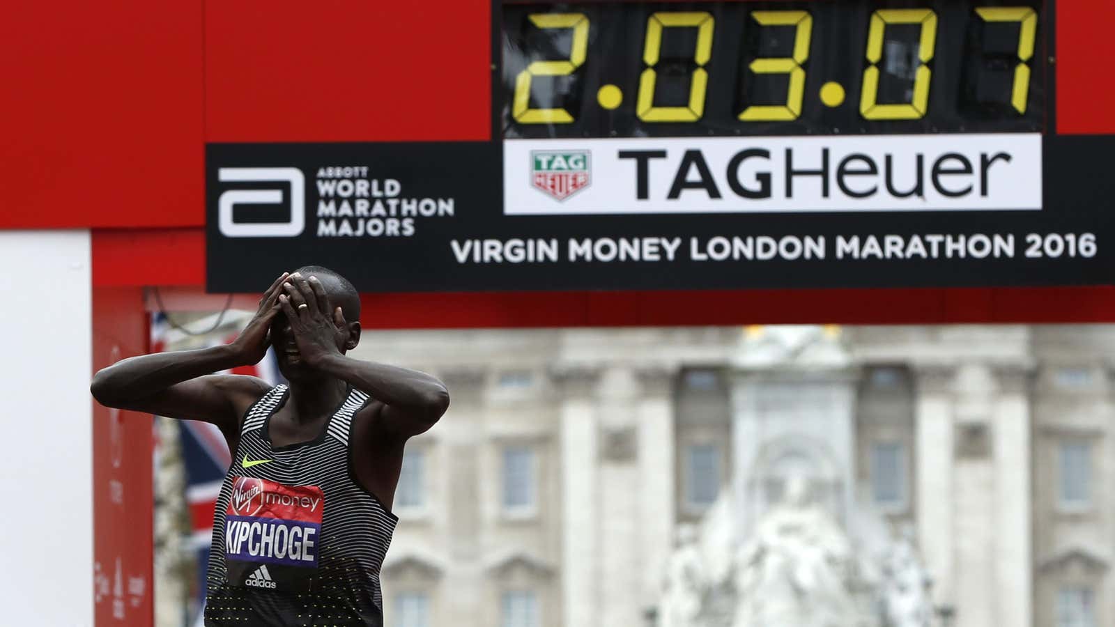 Kenya’s Eliud Kipchoge with the London Marathon mens race.