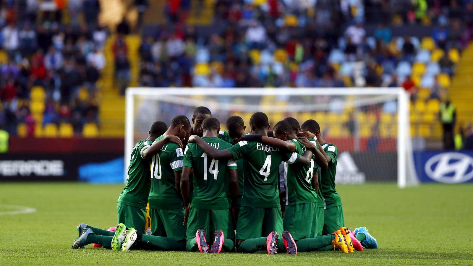 Nigeria’s under-17 soccer team players pray a match
REUTERS/Ivan Alvarado
Picture Supplied by Action Images – MT1ACI14165289