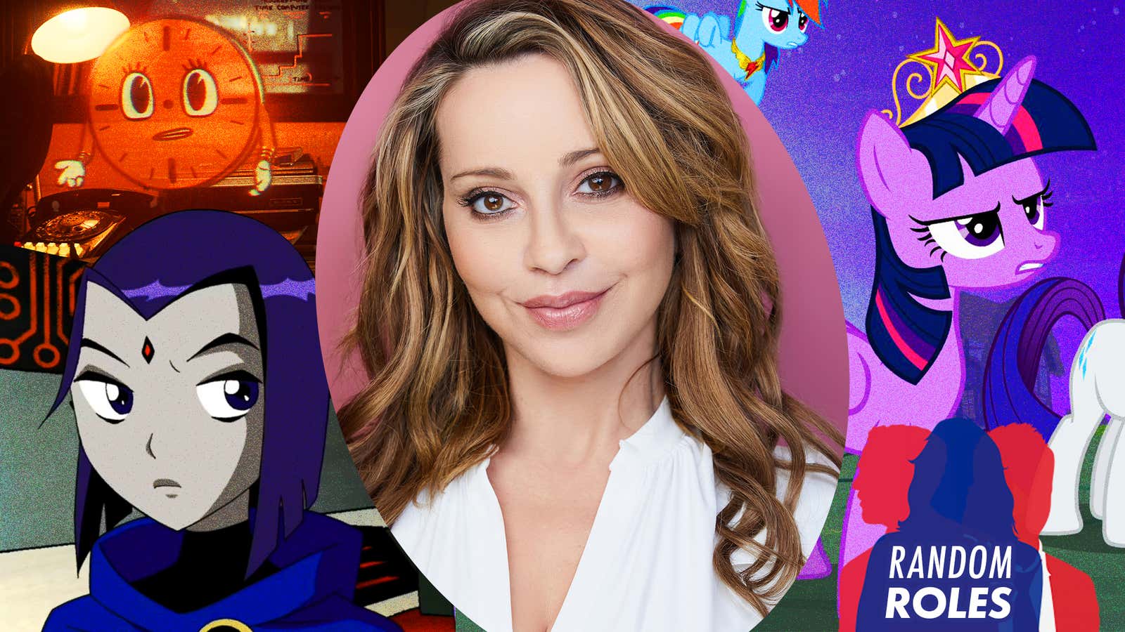 Main image: Tara Strong (Photo: Cathryn Farnsworth). Background images, clockwise from top left: Miss Minutes from Loki (Image: Marvel Studios), Twilight Sparkle from My Little Pony (Image: The Hub), Raven from Teen Titans (Screenshot: Teen Titans)