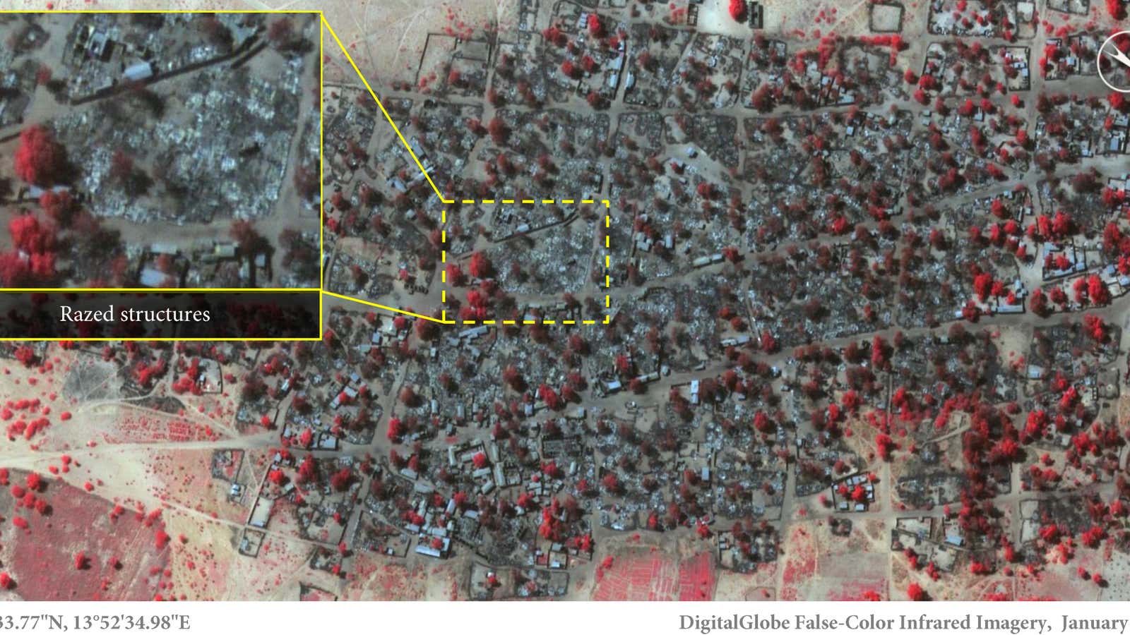 The trail of Boko Haram’s destruction in northeastern Nigeria. The gray color represents dead vegetation.