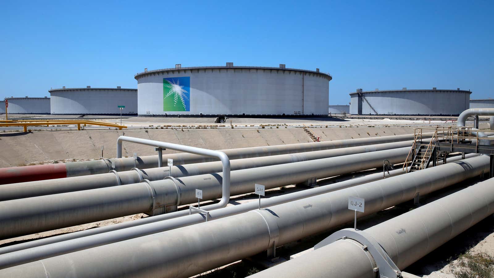 Aramco’s tanks and oil infrastructure at the Ras Tanura crude oil refinery in Saudi Arabia.