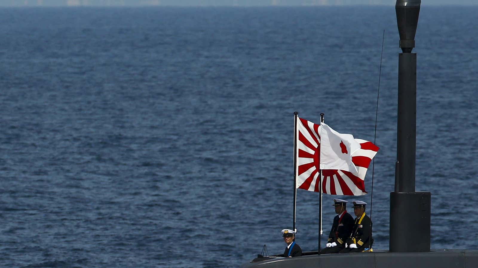 Japanese officers stand aboard a Soryu submarine during a fleet review in Sagami Bay last year.
