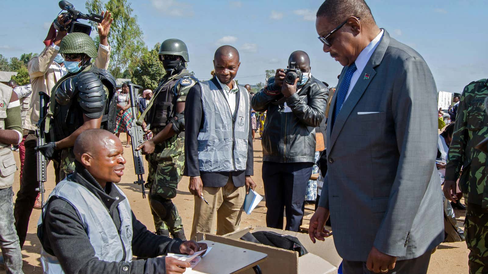 Malawi’s President Peter Mutharika arrives to vote in a re-run of a discredited presidential election in Thyolo, Malawi, June 23, 2020.