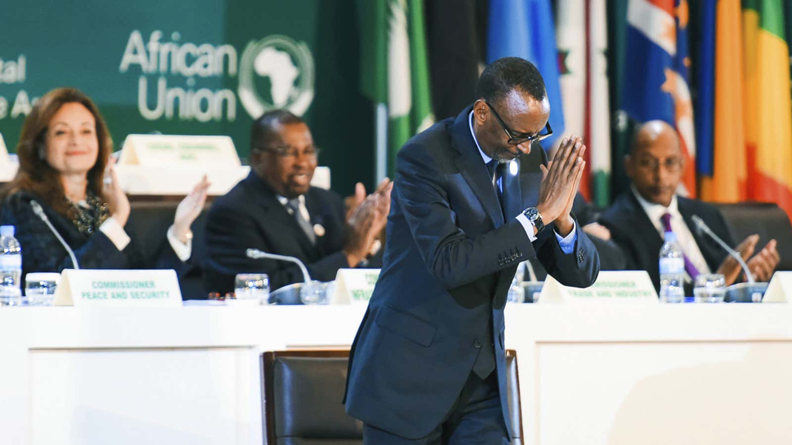 Rwanda’s President Paul Kagame acknowledges fellow African leaders after signing the African Continental Free Trade Area (CFTA) Agreement on Mar. 21, 2018.