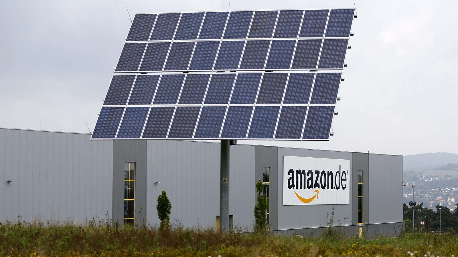 Photovoltaic solar panels in front of the Amazon distribution centre in Bad Hersfeld in Germany.