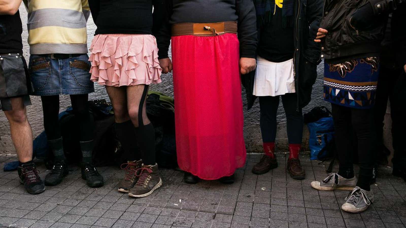 Turkish men protesting in skirts on Feb. 21 in Istanbul, Turkey.