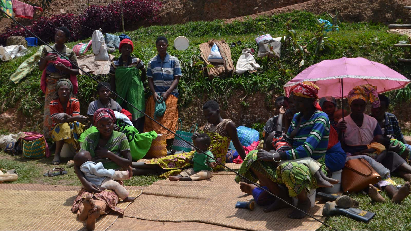 A group of tea pluckers assembled at a childcare center at Sorwathe Tea Factory in Rwanda.
