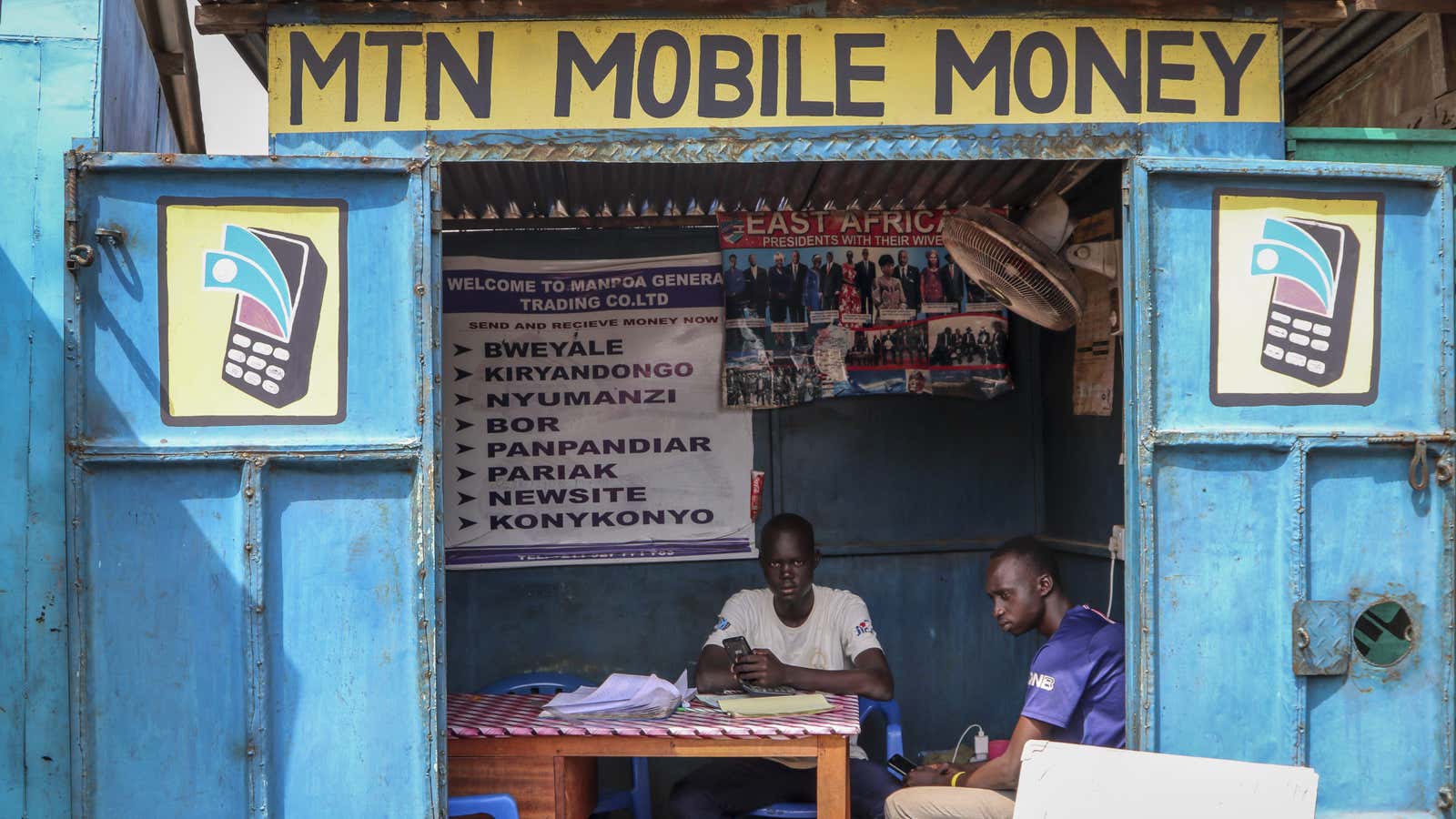 A mobile money kiosk which specializes in sending money from South Sudan to Uganda, in Juba, South Sudan.