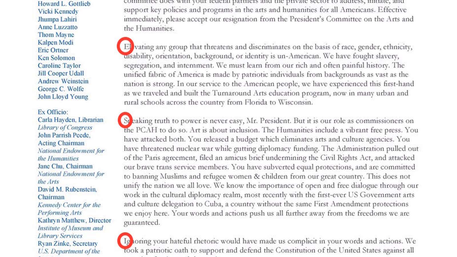 Trump’s entire arts council resigned with a scathing letter containing a clever hidden message