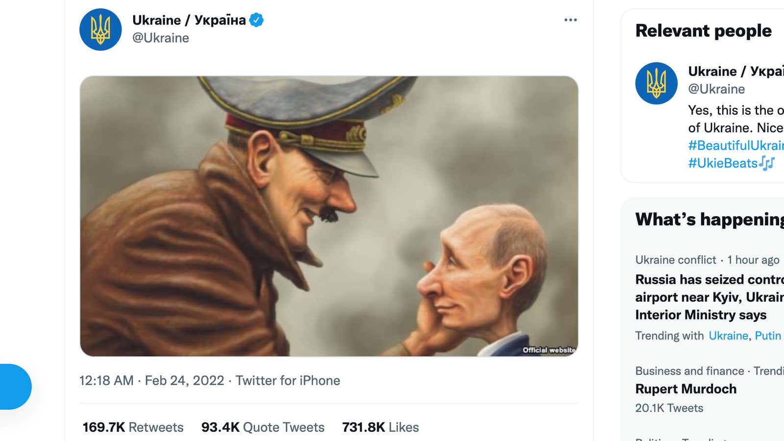 Ukraine tweeted a cartoon comparing Putin to Hitler.